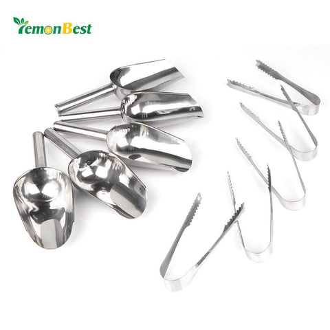 5pcs Ice Tong Clip (6") & 5pcs Ice Scoop (8") Set Stainless Steel Kitchen Cocktail Tools for Ice Bucket Wedding Restaurant Bar B