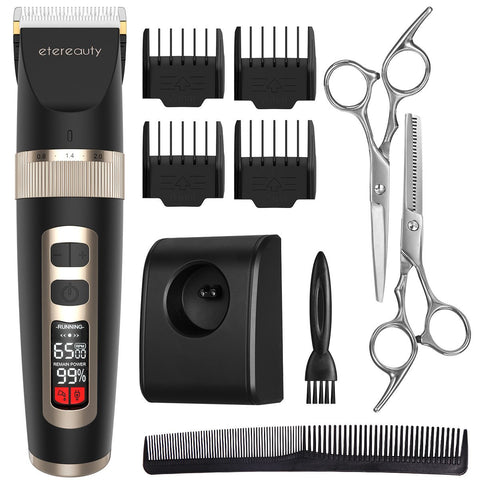 ETEREAUTY Smart LCD Rechargeable Mute Hair Clipper Trimmer Grooming Set with Comb and Scissors for Adults and Kids